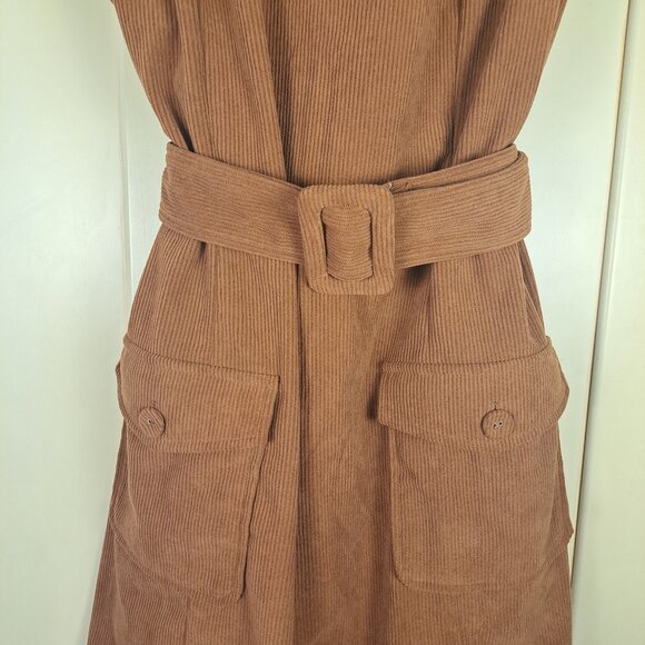 Kancy Kole Brown Corduroy Bib Overall Belted Midi Dress Size Lg - Picture 3 of 10